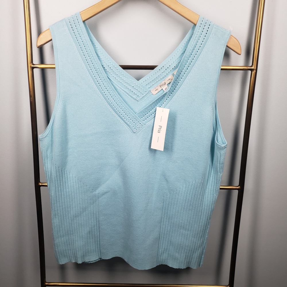 Pria Sleeveless Top Knit Womens‎ Size XL Cotton Blend Blue V Neck New
